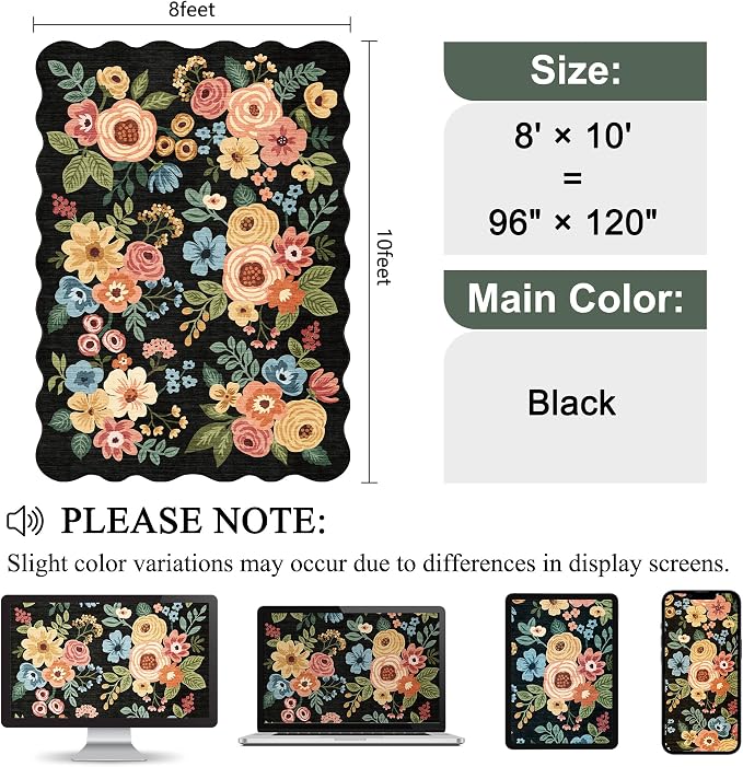 DUKINO 8x10 Area Rug for Living Room, Floral Washable Rug Non Slip, Low Pile - Image 2