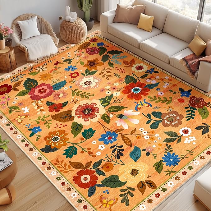 RELEANY Floral Washable 9x12 Area Rugs Yellow/Orange/Red | Flower Carpet Print by RELEANY