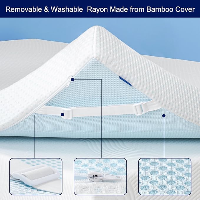 Subrtex 2 Inch Mattress Topper Cover (Only Cover) Mattress Topper Protector Bedding Rayon Made from Bamboo Removable Mattress Encasement with Zippers, King