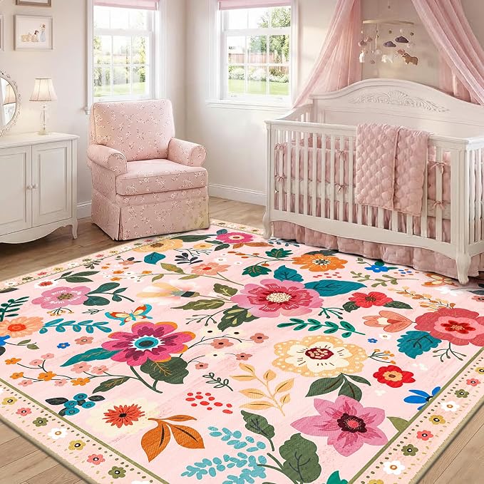 RELEANY Floral Washable Square 5ft Area Rug Pink | Flower Carpet Print Boho - Image 6