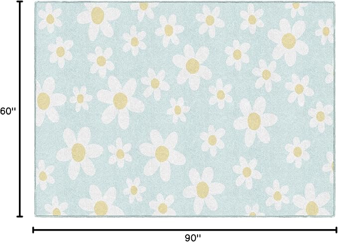 Flagship Carpets Schoolgirl Style White Daisies on Blue Educational Area Rug for Kids Room Seating Décor, Children's Classroom, Play Carpet for Teaching and Playroom, 5' x 7'6"