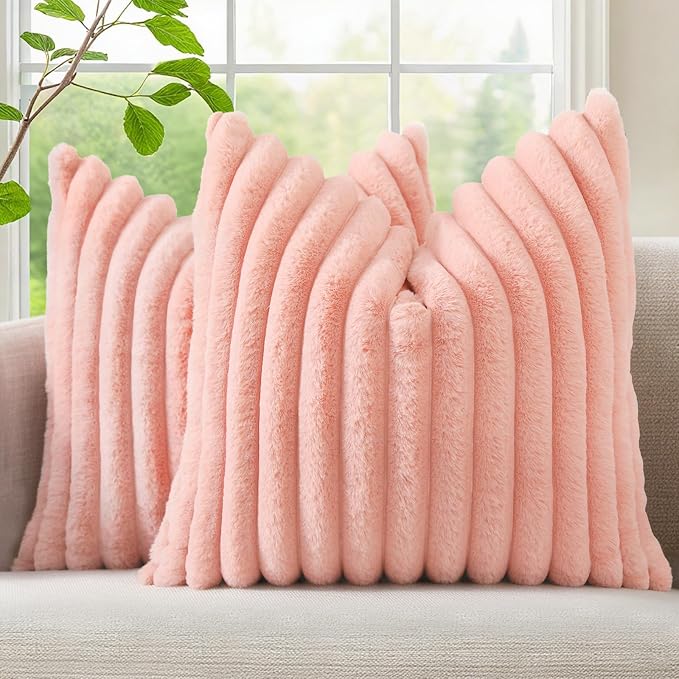 decorUhome Fall Faux Fur Throw Pillow Covers 16x16 Set of 2 Blush Pink | by decorUhome