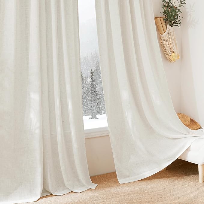 RYB HOME Linen Blend Curtains for Kitchen Bedroom, Thick Heavy Textured Breathable Light Filtering Semi Sheer Short Drapes for Small Window Sunroom, W 42 x L 54 inches, Linen, 2 Panels