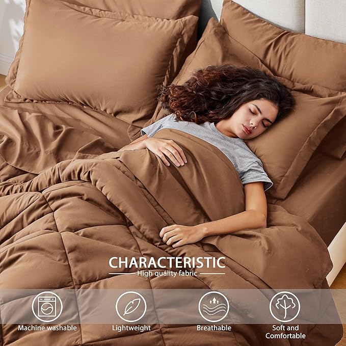 Love's cabin Full Comforter Set Mocha Mousse, 7 Pieces Full Bed in a Bag, All Season Bedding Sets with 1 Comforter, 1 Flat Sheet, 1 Fitted Sheet, 2 Pillowcase and 2 Pillow Sham