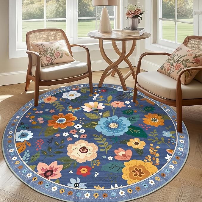 RELEANY Floral Washable Round 8ft Area Rug Blue/Grey | Flower Carpet Print Boho - Image 6