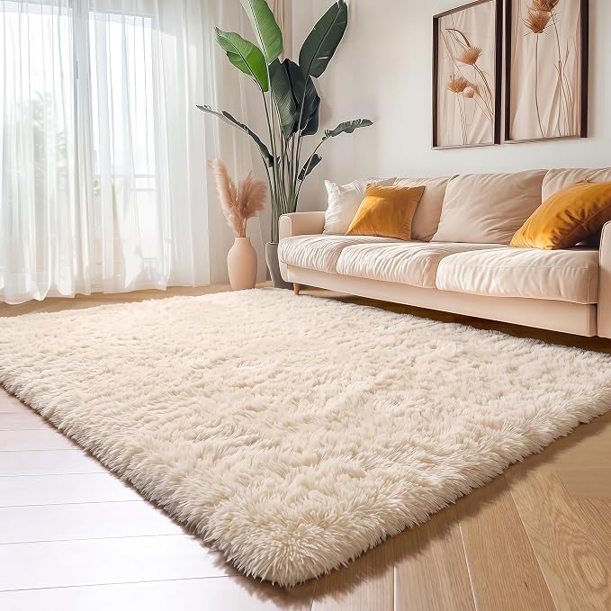 Amdrebio Beige Boho Fluffy Shag Neutral Area Rug 5x7 - Image 5