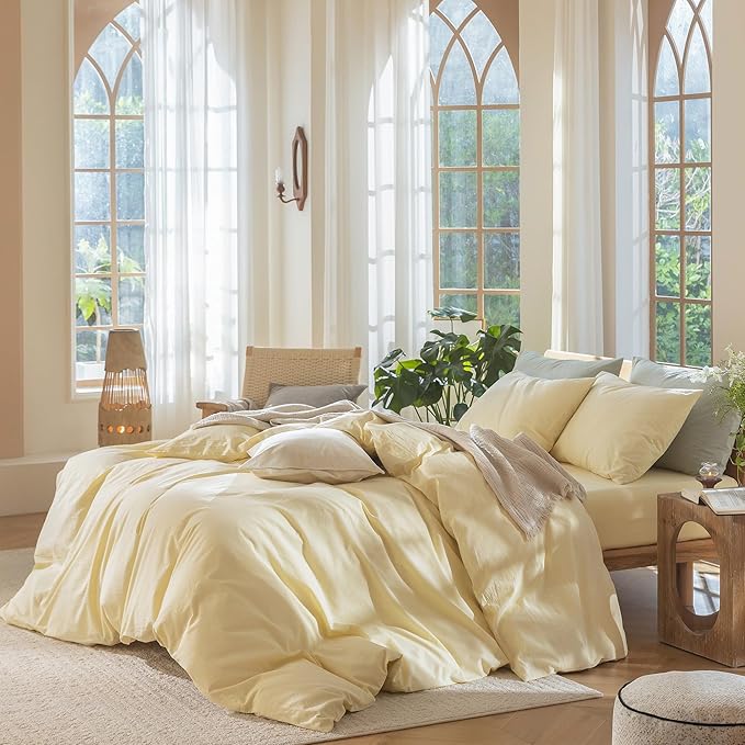 MooMee Bedding Duvet Cover Set 100% Washed Cotton Linen Like Textured Breathable Durable Soft Comfy (Heathered Butter Yellow, Queen 90"x90")