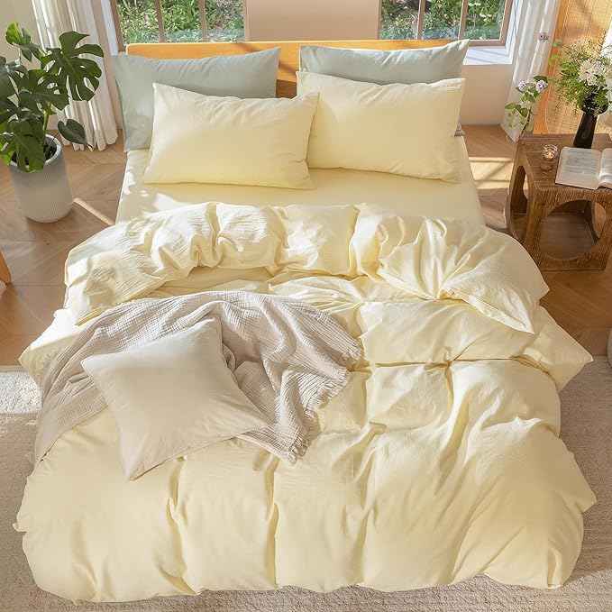 MooMee Bedding Duvet Cover Set 100% Washed Cotton Linen Like Textured Breathable Durable Soft Comfy (Heathered Butter Yellow, Twin 68"x90")