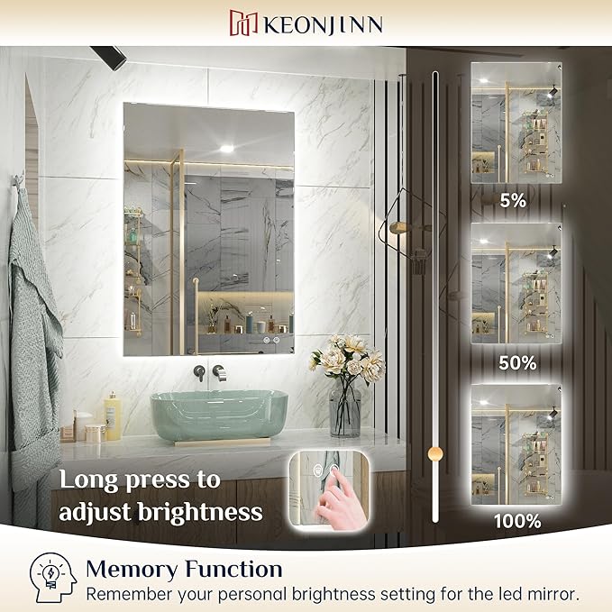 Keonjinn Backlit Mirror Bathroom 48” x 30”, Anti-Fog Mirror with Lights, CRI90+ HD Tempered Glass, Waterproof, UL Listed, Stepless Dimmable LED Mirrors for Bathroom, High Lumen, 6000K Bright
