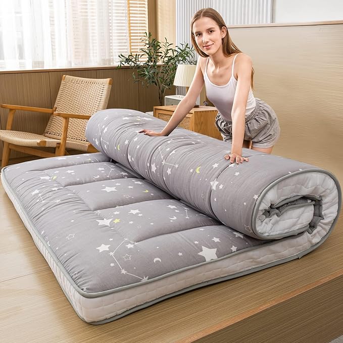 MAXYOYO Grey Constellation Futon Mattress, Twin Size Japanese Floor Mattress Quilted Bed Mattress Topper, Extra Thick Folding Sleeping Pad Breathable Guest Bed for Camping Couch