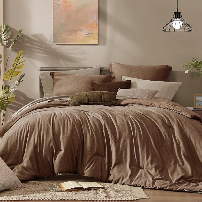 Monbix Queen Comforter Set - 7 Pieces Cationic Dyeing Brown Bed in a Bag Queen Bedding Sets with Comforter, Sheets, Pillowcases & Shams, Reversible Bedding Comforters Sets