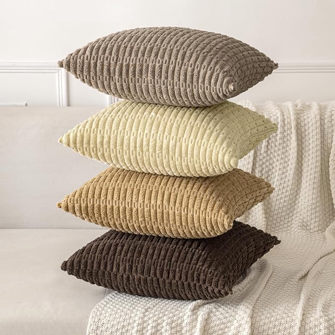MIULEE Corduroy Decorative Throw Pillow Covers 18x18 Beige Pack of 2 | Soft - Image 4