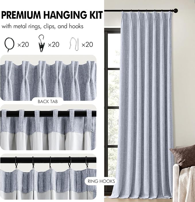 MIULEE Chambray Blue Pinch Pleated 100% Blackout Curtains 40x108 Inches | Room - Image 8