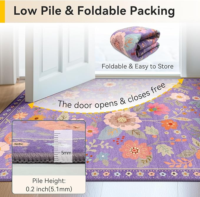 RELEANY Floral Washable 6x9 Area Rugs Purple/Pink | Flower Carpet Print Boho - Image 5