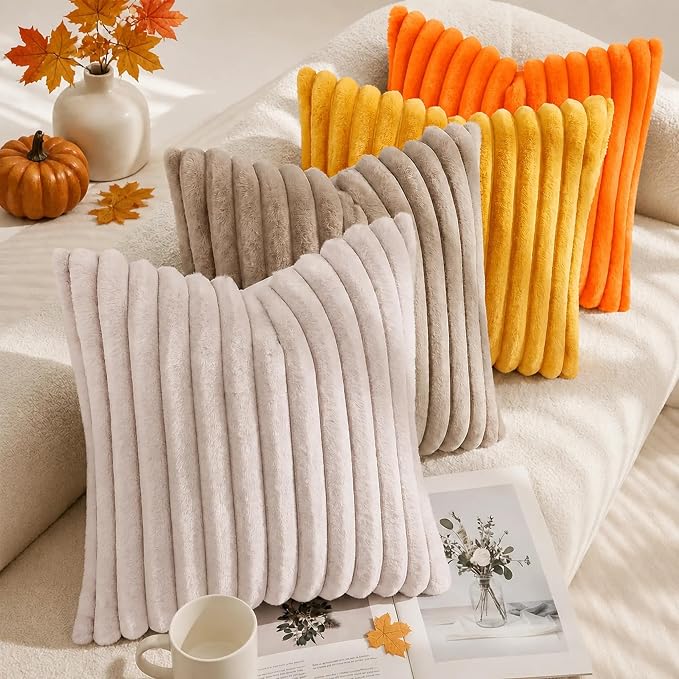 decorUhome Fall Faux Fur Throw Pillow Covers 24x24 Set of 2 Orange | Decorative - Image 5