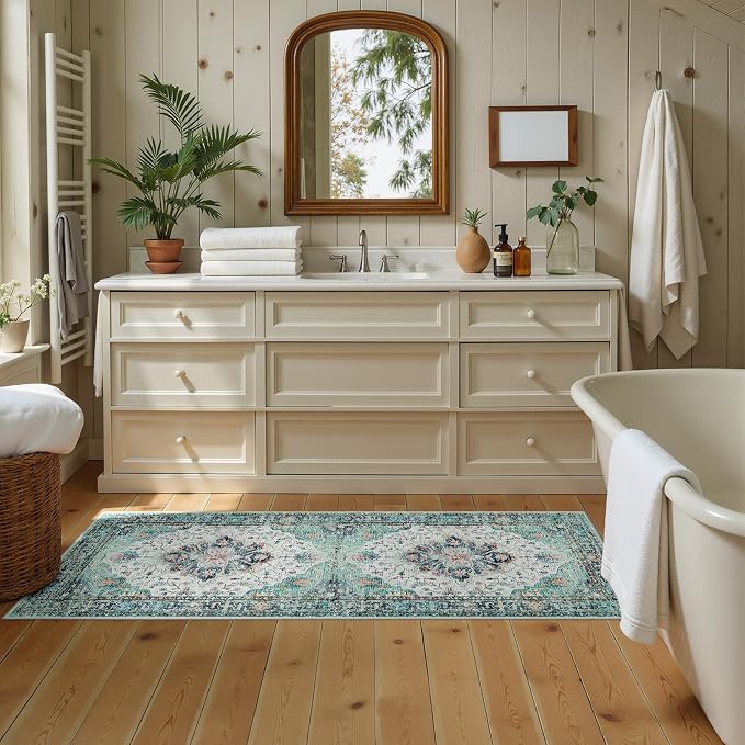 RELEANY Washable Area Rug, Runner 2'x5', Teal Green/White/Navy | Non-Slip - Image 2