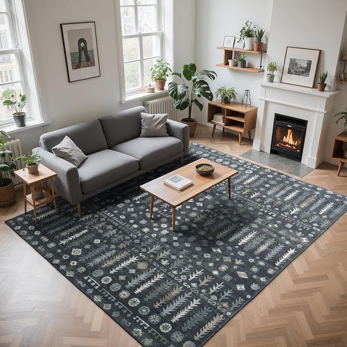 8x10 Retro Washable Area Rugs for Living Room, Dining Room- Black | Ultra Soft - Image 8
