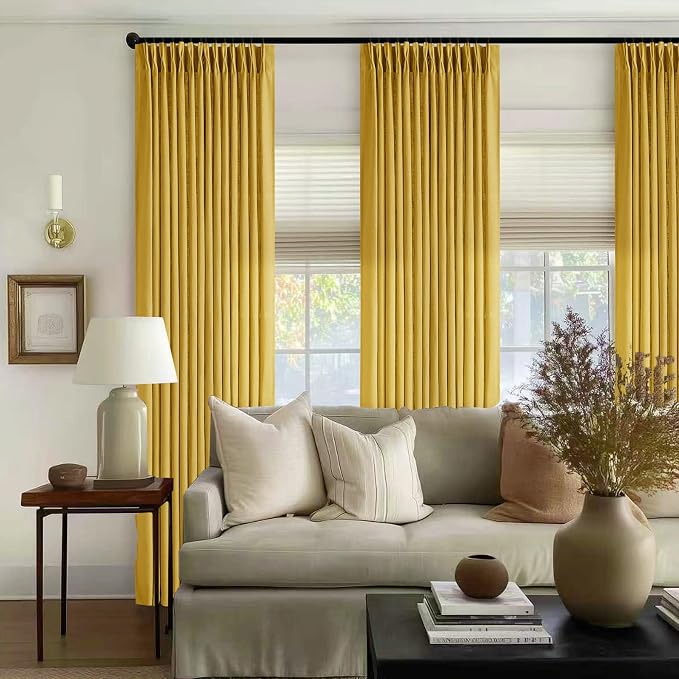 Mustard Yellow 90 Inch Thick Linen Curtains Pinch Pleated 2 Panels Set | - Image 6