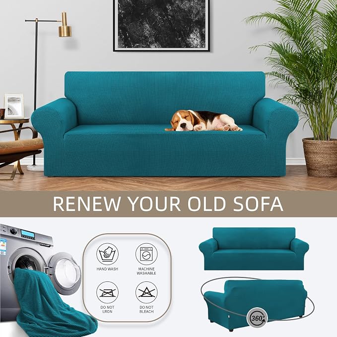 Stretch Couch Covers for Sofa, 3 Cushion Couch Slipcover, Peacock Blue - Image 3