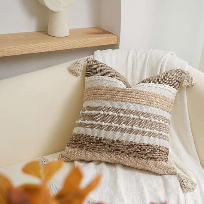 Brown Decorative Throw Pillow Cover 18x18 Square Boho Accent Pillowcase Tassels - Image 6