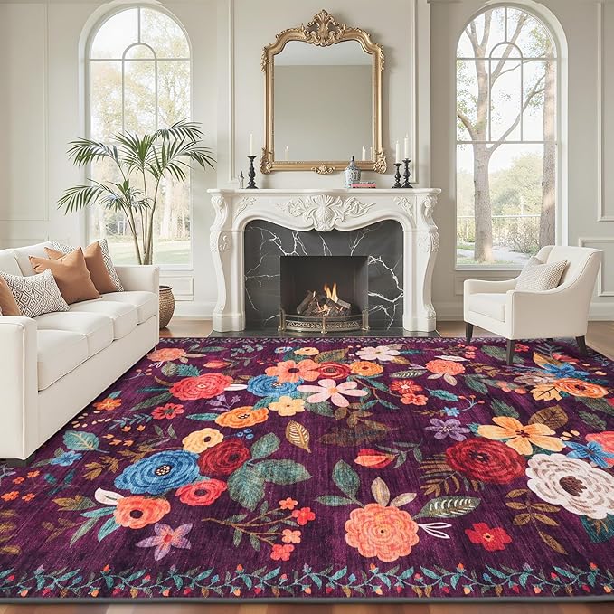 Purple Area Rug 9x12 for LivingRoom Bedroom | Low Pile; Non Slip;Machine by WelcometoBabovid