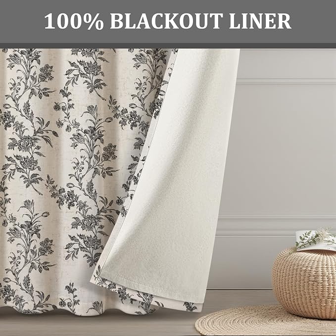 Black Boho Floral 100% Blackout Curtains 84 Inch 2 Panels | Farmhouse Vintage - Image 4
