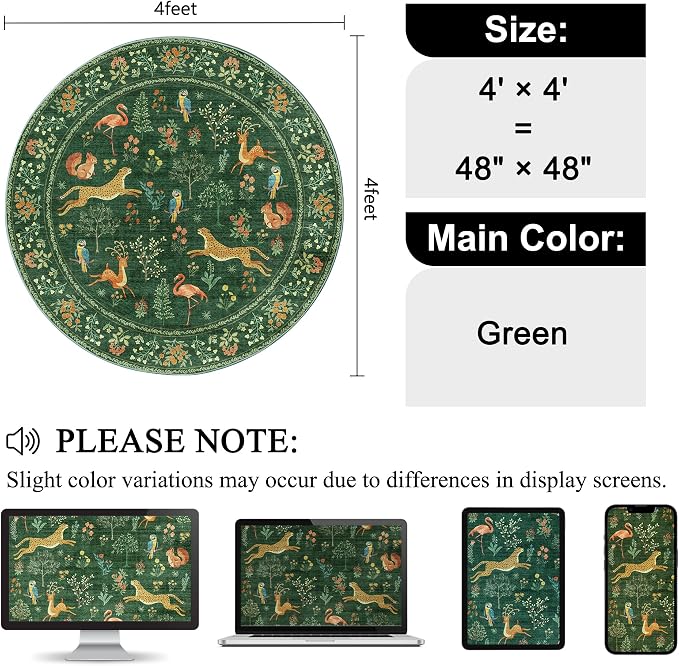 DUKINO 4ft Round Rug, Washable Animal Small Round Area Rug Non Slip, - Image 2
