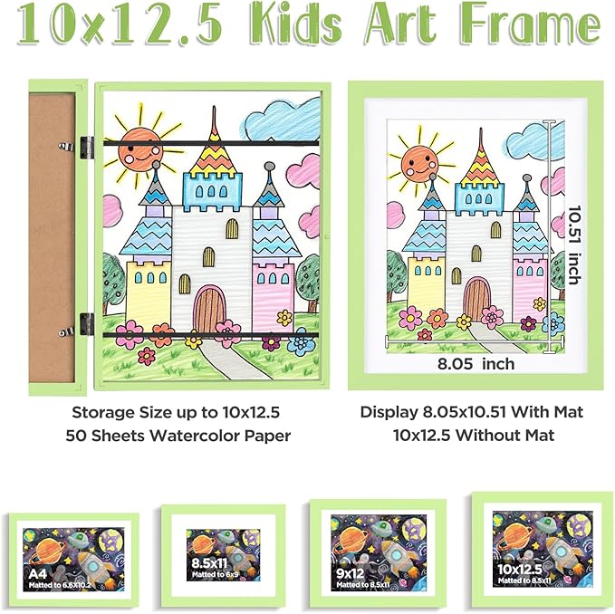 KINLINK 10x12.5 Kids Art Frames Set of 2, Solid Wood Kids Artwork Frames Changeable with Acrylic Front Opening Holds 150 Pictures, Art Frame for Kids Artwork with Mat or without Mat, Light Green