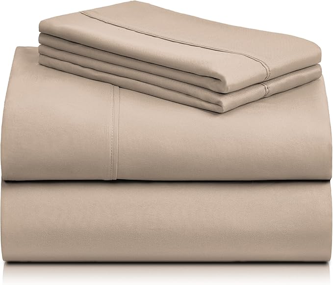 LuxClub 4 PC Queen Sheet Set, Breathable Luxury Bed Sheets, Deep Pockets Wrinkle Free Cooling Sheets Machine Washable Hotel Bedding Silky Soft - Light Khaki Queen