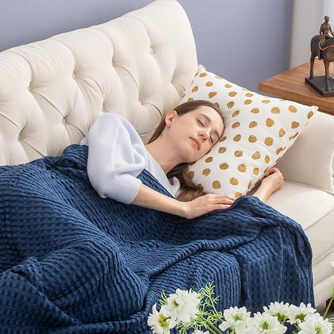 Bedsure Cooling Cotton Waffle King Size Blanket - Lightweight Breathable Summer Blanket of Rayon Derived from Bamboo for Hot Sleepers, Luxury Throws for Bed, Couch and Sofa, Navy, 104x90 Inches