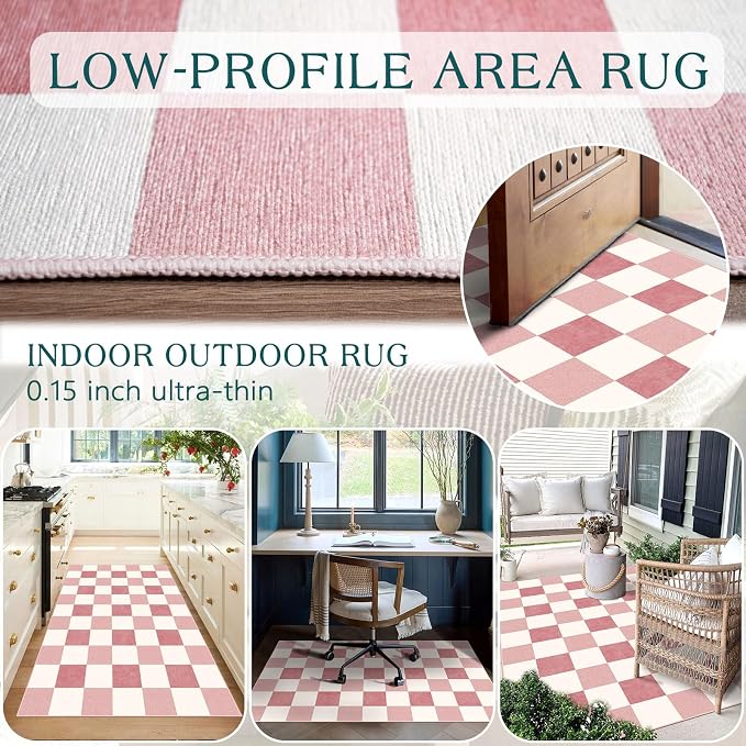 Pink White Checkered Entry Rug - Image 4