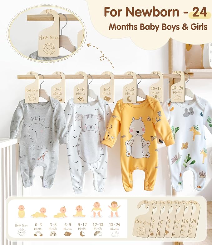 Baby Closet Dividers, Wooden Double Sided Nursery Clothes Size Separators for Newborn to 24 Months, Neutral, 7 Pcs