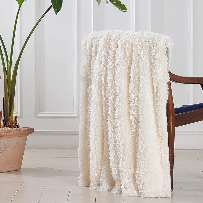 Tuddrom Decorative Extra Soft Fuzzy Faux Fur Throw Blanket 50" x 60",Solid Reversible Long Hair Shaggy Blanket,Fluffy Cozy Plush Comfy Microfiber Fleece Blankets for Couch Sofa Bedroom,Cream White