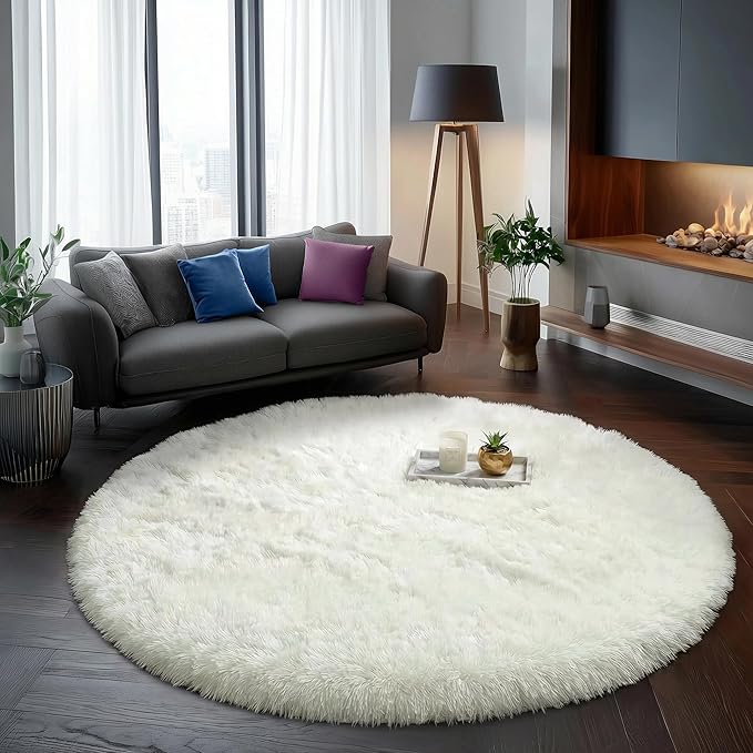 Amdrebio Cream Ivory White Large Round Area Rug 8Ft by Amdrebio