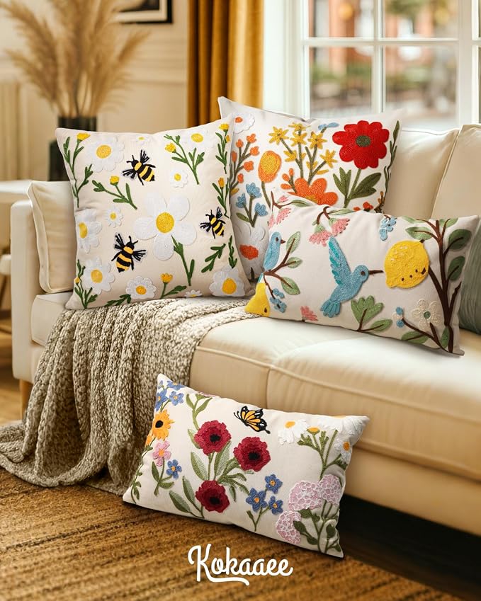 Embroidered Throw Pillow Cover 20x20 Inch, Flower Bee | Decorative Pillow Cover - Image 6
