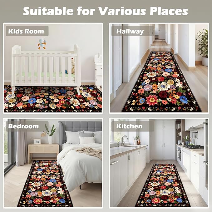 Black Brown Floral Hallway Runner Rug 2x8 - Image 3