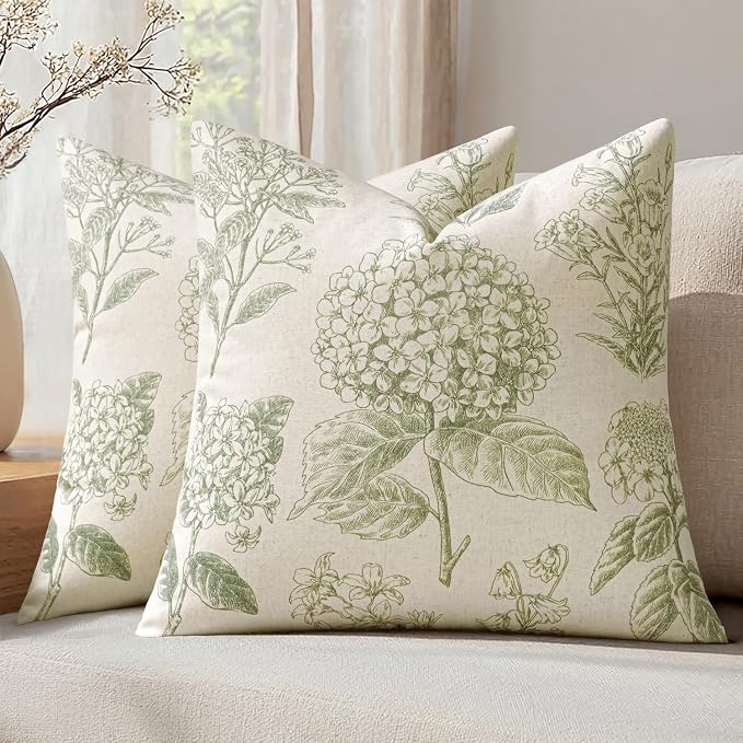 Set of 2 Decorative Floral Pillow Covers 22x22 Inch Sage Green | Neutral by SWANCOCO
