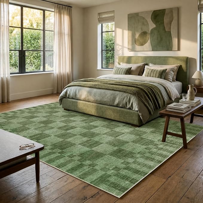 GarveeHome Moss Green Checkered Rug 5x7 Area Rug Washable Geometric 5x7 Rug | - Image 3
