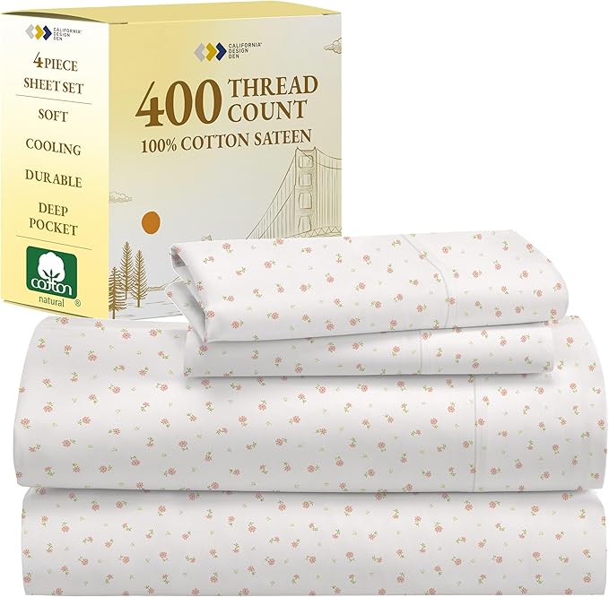 California Design Den Queen Sheet Set - 400 Thread Count Sateen, Natural 100% Cotton Sheets, Deep Pocket Cooling and Durable Bedding - Soft Floral