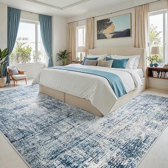 9x12 Washable Area Rug for Living Room Bedroom: Non-Slip Modern Blue Gold | - Image 2