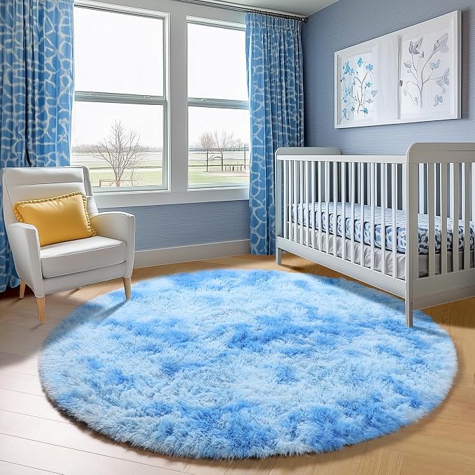 Tie-Dye Blue Round Rug 4ft, Fluffy Soft Circle Area Rugs - Image 9