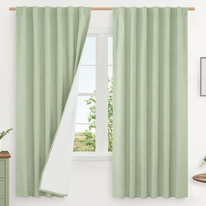 Light Green 100% Blackout Linen Curtains 63 Inches by LAMIT