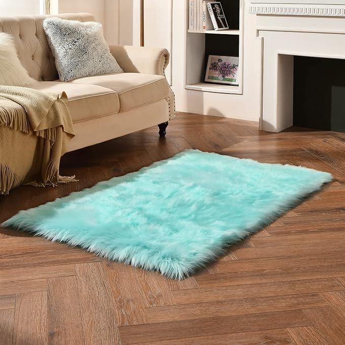 Turquoise Blue Faux Sheepskin Fur Rug 3x5 ft, Fluffy Carpet Rug | Shag Fuzzy - Image 3