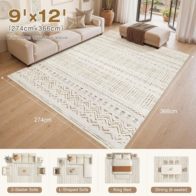 cotiled Boho 9x12 Area Rug for Living Room: Large Moroccan Washable Rug | Stain - Image 2