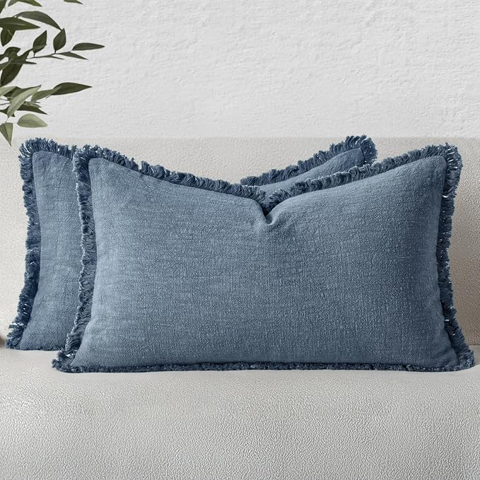 MIULEE Linen Fringe Decorative Lumbar Throw Pillow Covers Blue Ashes 12x20 | by MIULEE