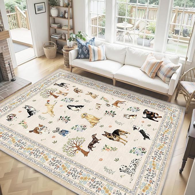Beige Floral Area Rug 9x12 for Living Room Bedroom | Low Pile; Non Slip;Machine - Image 2