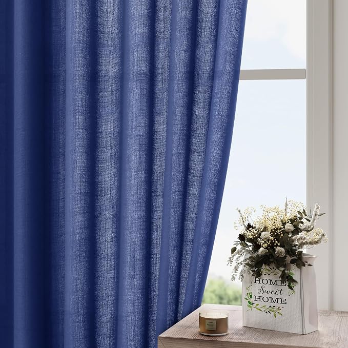 Classic Blue Linen Curtains 84 Inch Length 2 Panels Set - Image 4