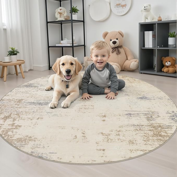 Round Area Rug Living Room: 5 ft Modern Washable Indoor Carpet | - Image 3