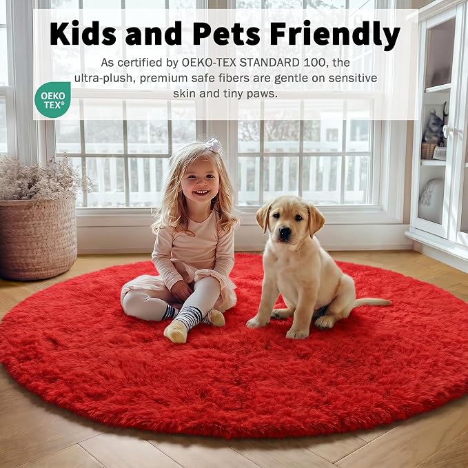 Red Round Area Rug 4ft, Soft Bedroom Circle Rugs Floor Mat - Image 4