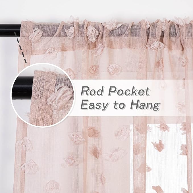 MYSKY HOME Pom Pom Pink Sheer Curtains for Bedroom Girls Room Dusty Rose Curtains 84 Inches Long for Nursery Kids Light Filtering Boho Window Drapes, Rod Pocket, 52" Wide, 2 Panels